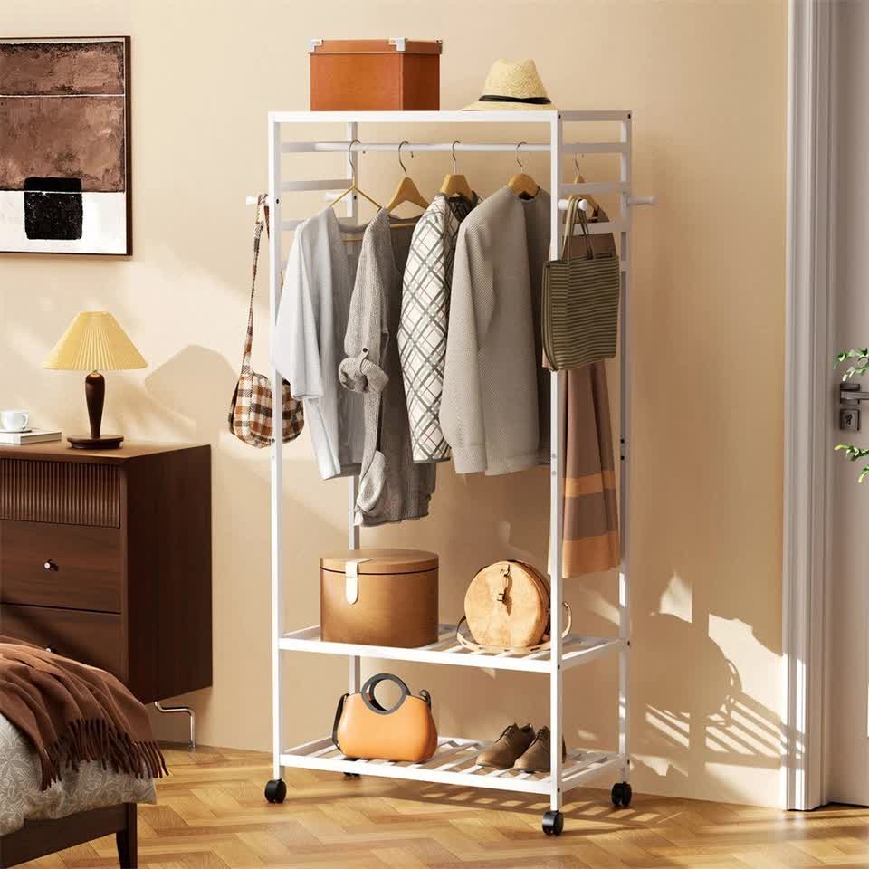 XXL Bamboo Clothes Rail Coat Rack with Wheels, Wooden Open Wardrobe Garment Organizer with Hanging Rod, Shelves and Hooks, White Freestanding Clothes Stand