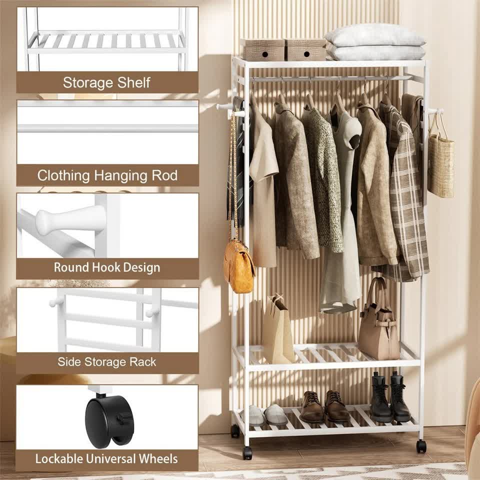 XXL Bamboo Clothes Rail Coat Rack with Wheels, Wooden Open Wardrobe Garment Organizer with Hanging Rod, Shelves and Hooks, White Freestanding Clothes Stand