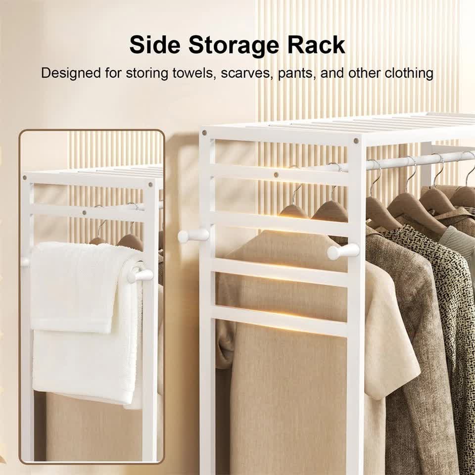 XXL Bamboo Clothes Rail Coat Rack with Wheels, Wooden Open Wardrobe Garment Organizer with Hanging Rod, Shelves and Hooks, White Freestanding Clothes Stand