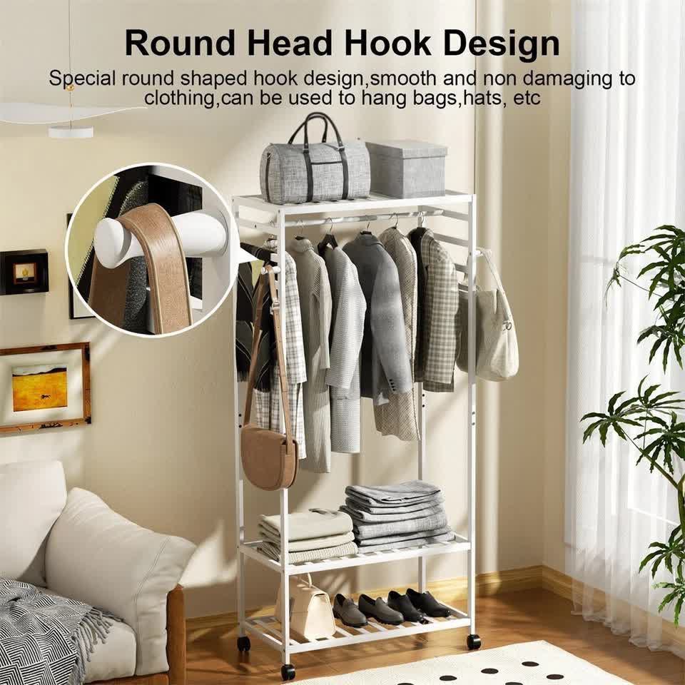 XXL Bamboo Clothes Rail Coat Rack with Wheels, Wooden Open Wardrobe Garment Organizer with Hanging Rod, Shelves and Hooks, White Freestanding Clothes Stand