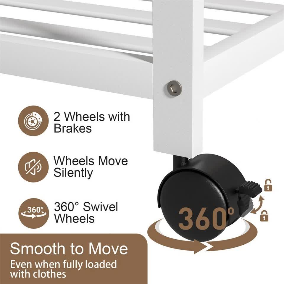 XXL Bamboo Clothes Rail Coat Rack with Wheels, Wooden Open Wardrobe Garment Organizer with Hanging Rod, Shelves and Hooks, White Freestanding Clothes Stand