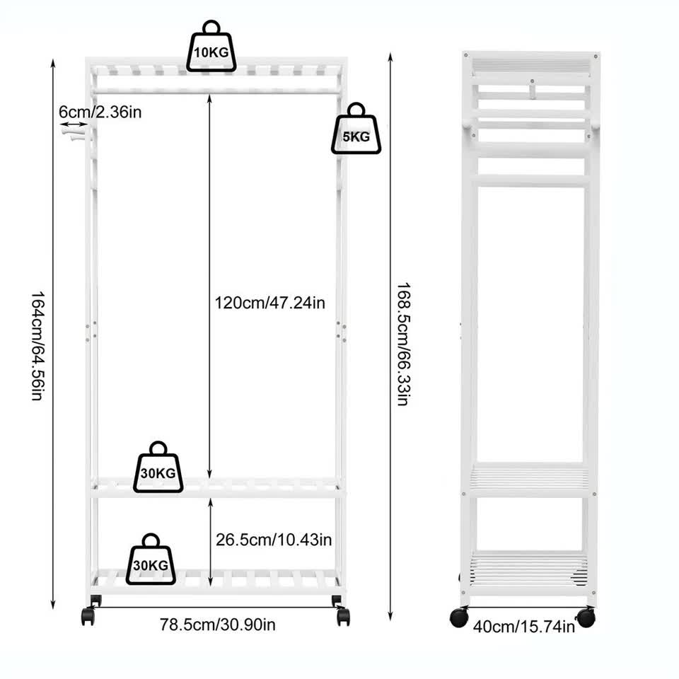 XXL Bamboo Clothes Rail Coat Rack with Wheels, Wooden Open Wardrobe Garment Organizer with Hanging Rod, Shelves and Hooks, White Freestanding Clothes Stand