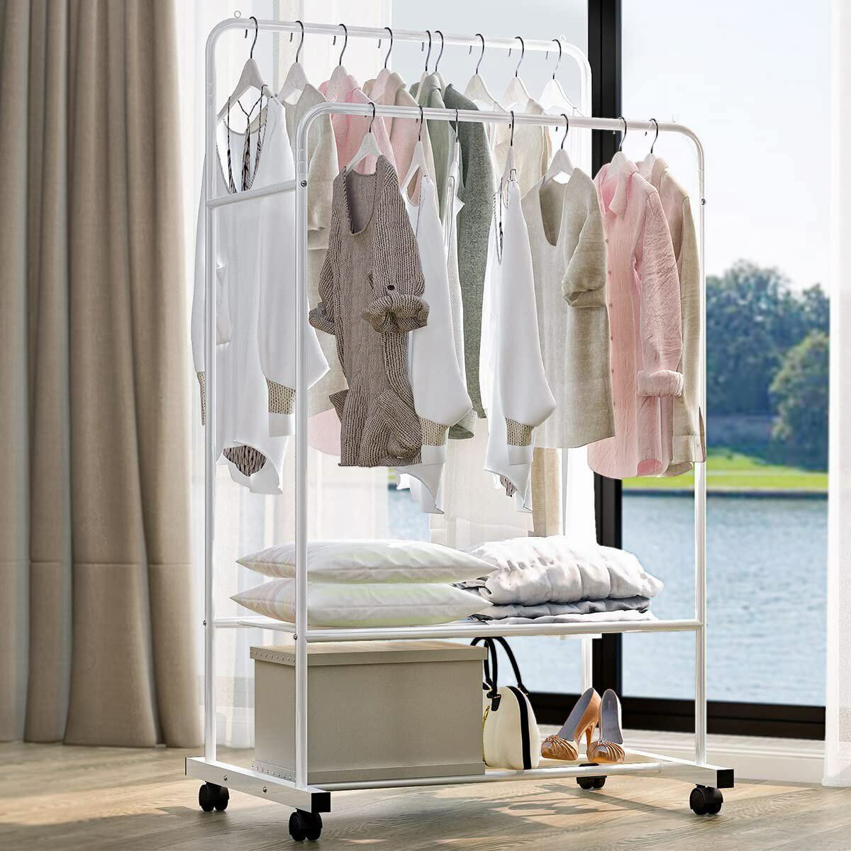 Heavy Duty Double Rail Garment Rack Rolling Clothes Rack 2Tier Storage Shelf
