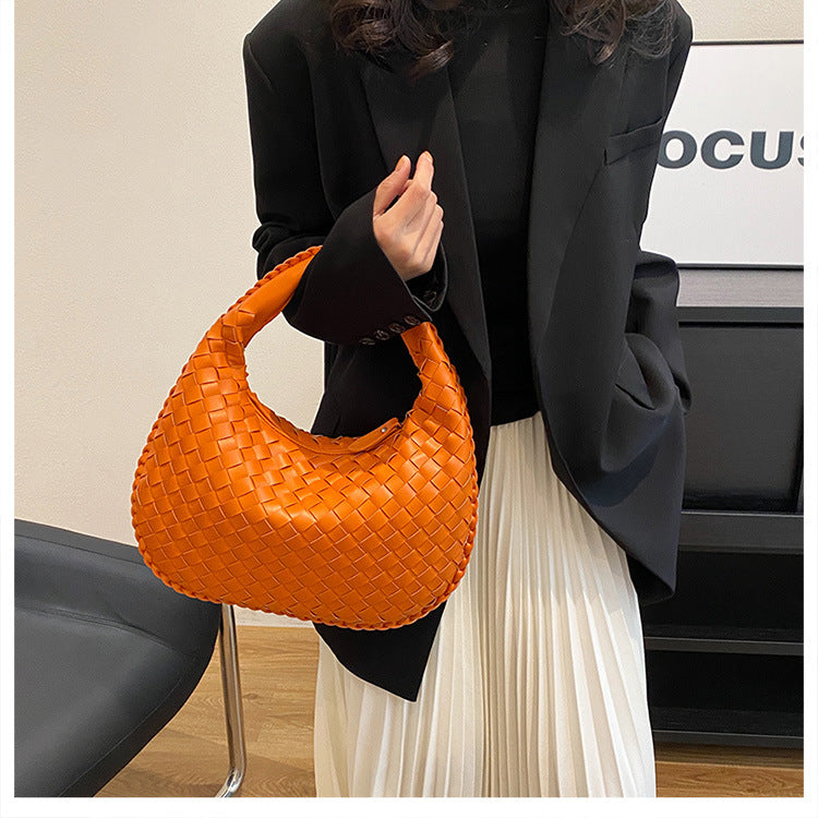 Luxury Woven PU Leather Hobo Bag - Elegant Shoulder Tote 34*21cm (Orange)