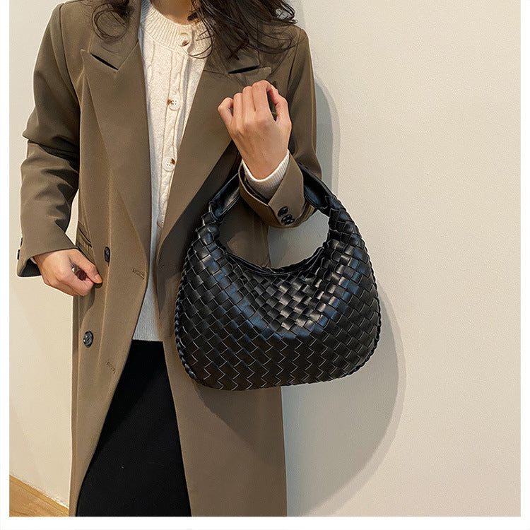 Luxury Woven PU Leather Hobo Bag - Elegant Shoulder Tote 34*21cm (Black)