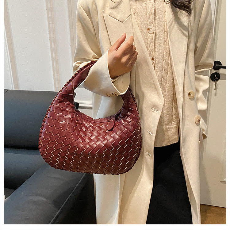 Luxury Woven PU Leather Hobo Bag - Elegant Shoulder Tote 34*21cm (wine red)