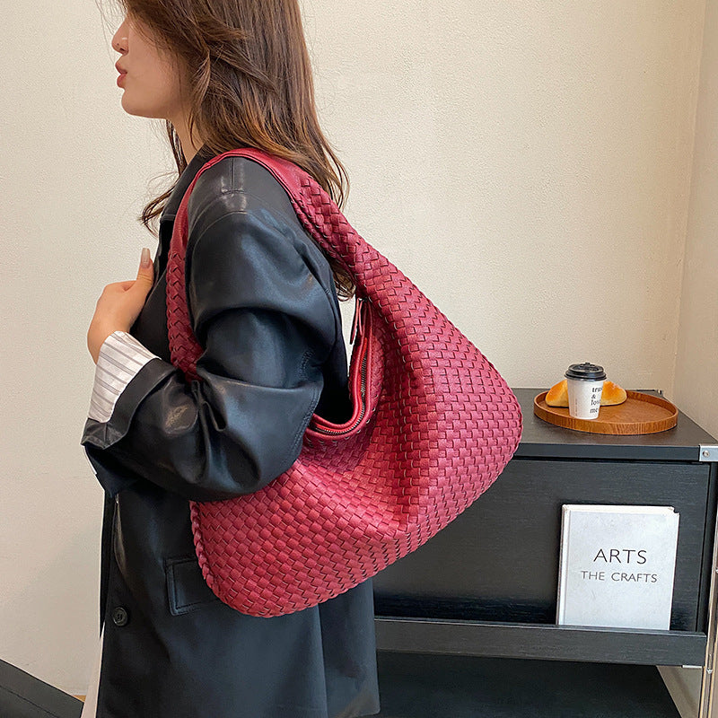 Elegant Woven PU Leather Hobo Bag - Soft Shoulder Tote 47*32cm (Wine red)