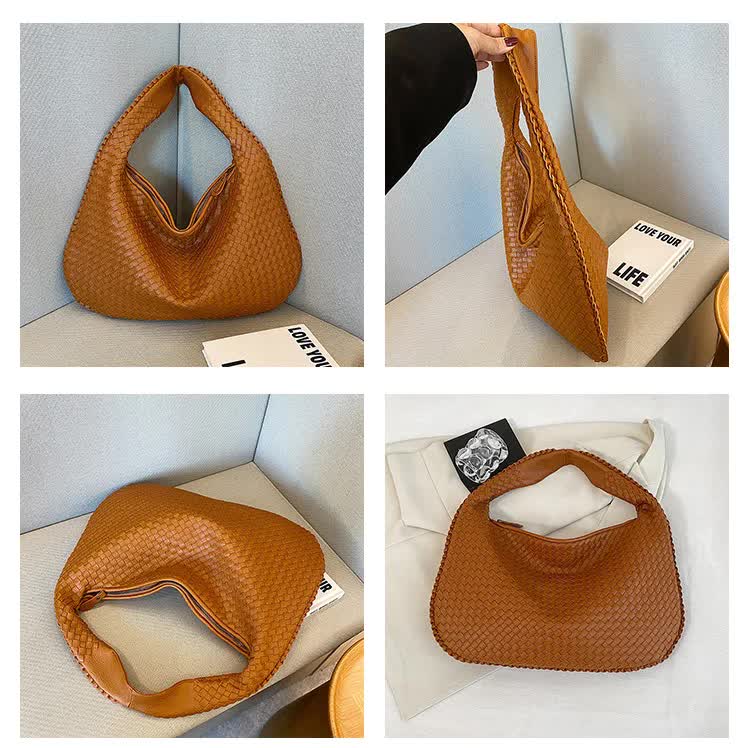 Elegant Woven PU Leather Hobo Bag - Soft Shoulder Tote 47*32cm (Black)
