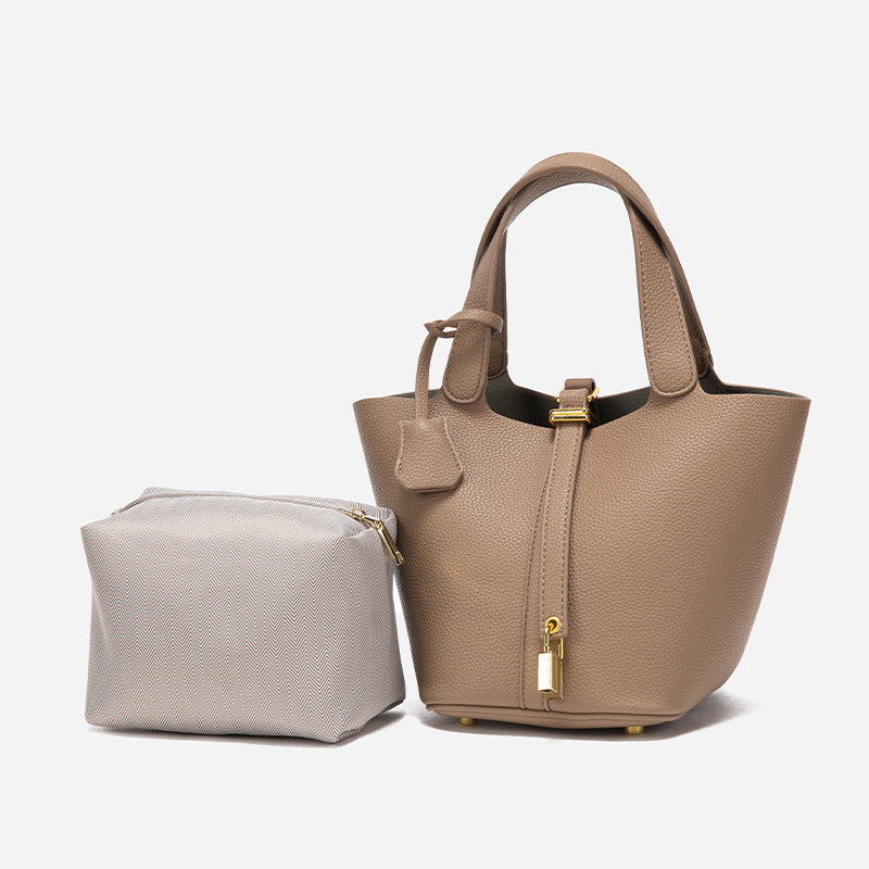 Faw Elegant Women's Leather Tote Handbag with Gold Lock Detail