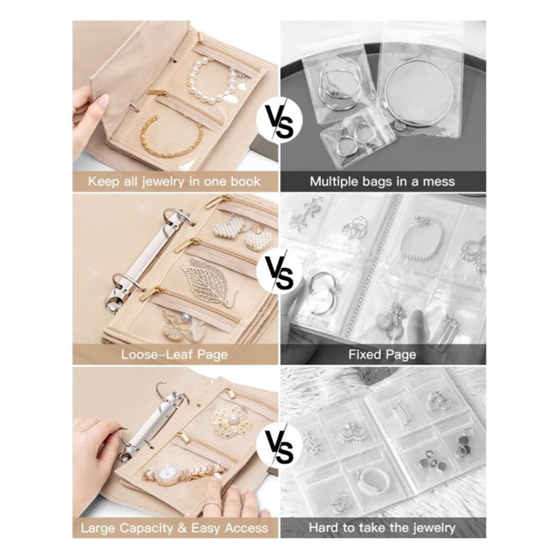 1 Piece  Beige Luxury Leather Loose-Leaf Jewelry Organizer - Portable Large-Capacity Storage Book for Earrings and Necklaces(Jewellery is a shooting prop and is not included)