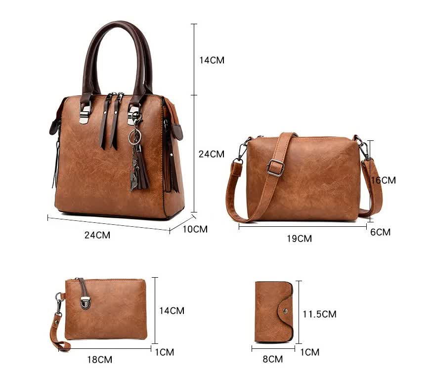 Black 4-Piece Women’s PU Leather Tote Bag Set - Vintage Handbag, Shoulder Bag, Clutch, and Card Holder - Lightweight Design