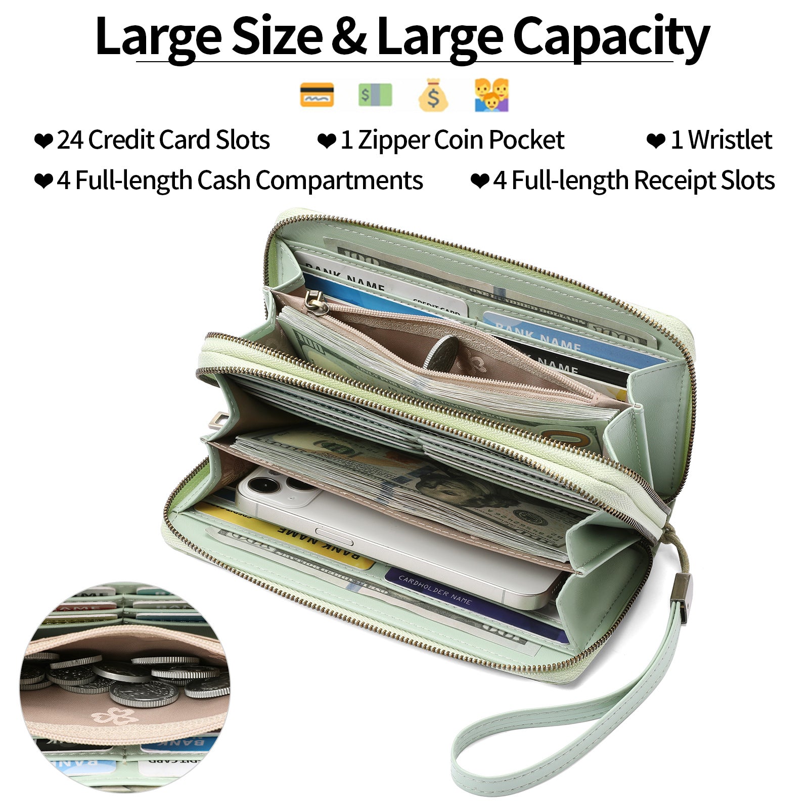 Women's Large Capacity Double Zip Wallet Clutch | PU Leather Floral Embossed Wristlet | Phone Holder with 24 Card Slots - Blue