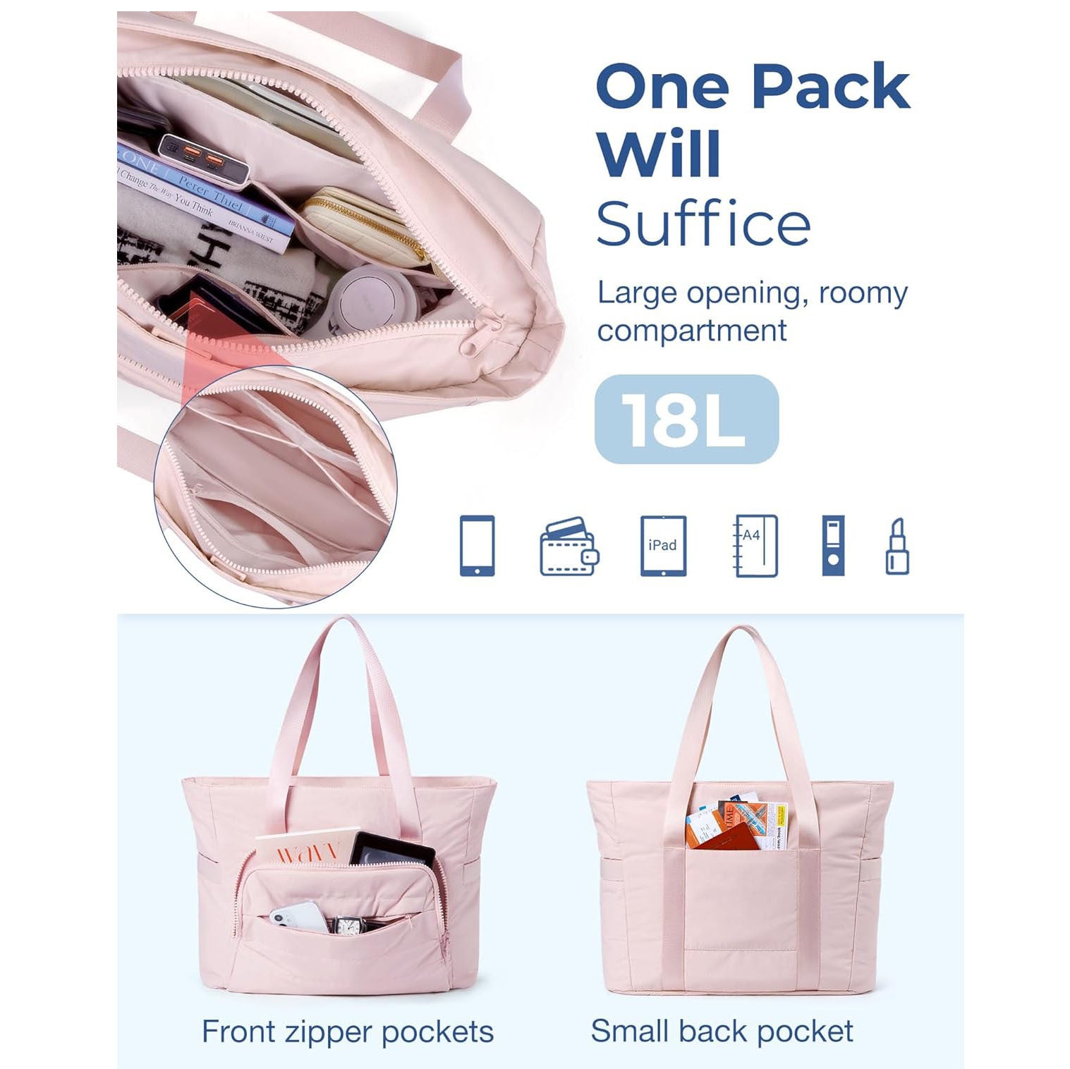Pink Versatile Women's Gym Tote Bag with Yoga Mat Strap - 18L Carryall, Fits 15.6 Laptop, Multi-Pocket Organizer