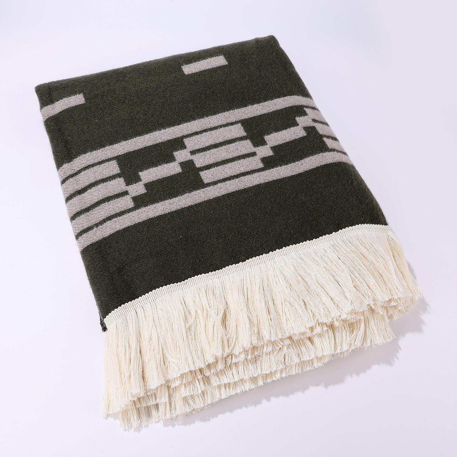 Black Women's Versatile Faux Cashmere Poncho Cape Shawl with Geometric Pattern & Fringe Trim - One Size