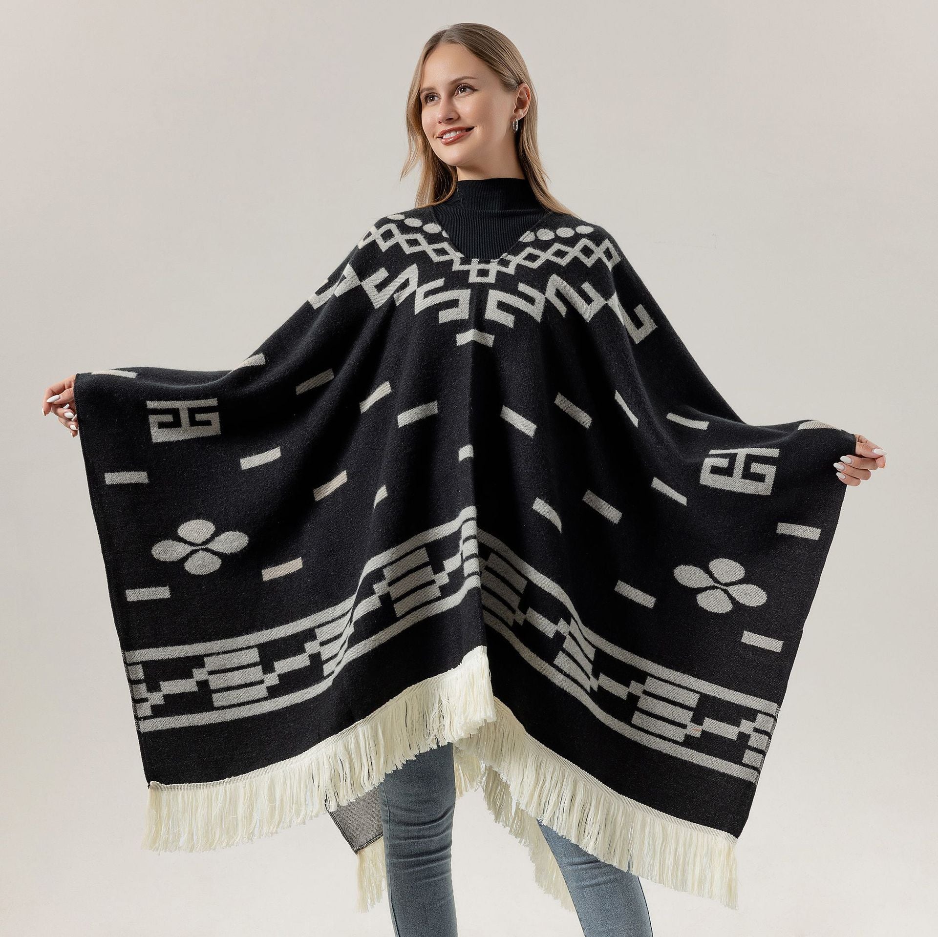 Black Women's Versatile Faux Cashmere Poncho Cape Shawl with Geometric Pattern & Fringe Trim - One Size
