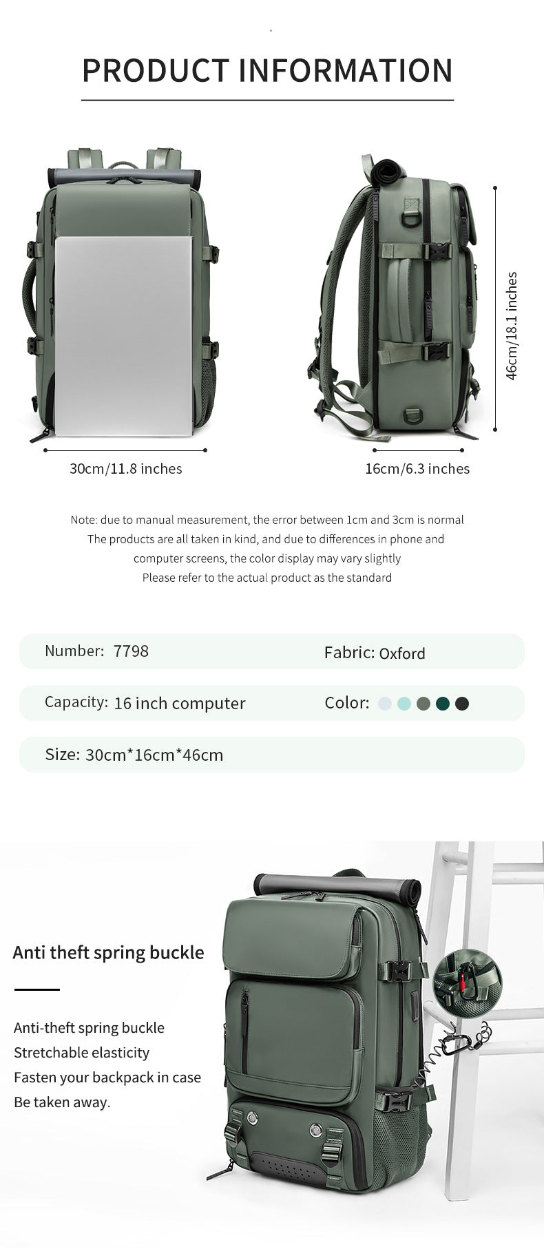 Grey Large Capacity 16-Inch Laptop Travel Backpack - Anti-Theft Professional Business Bag with Spring Buckle - Durable Oxford Cloth Outdoor Rucksack for Men and Women