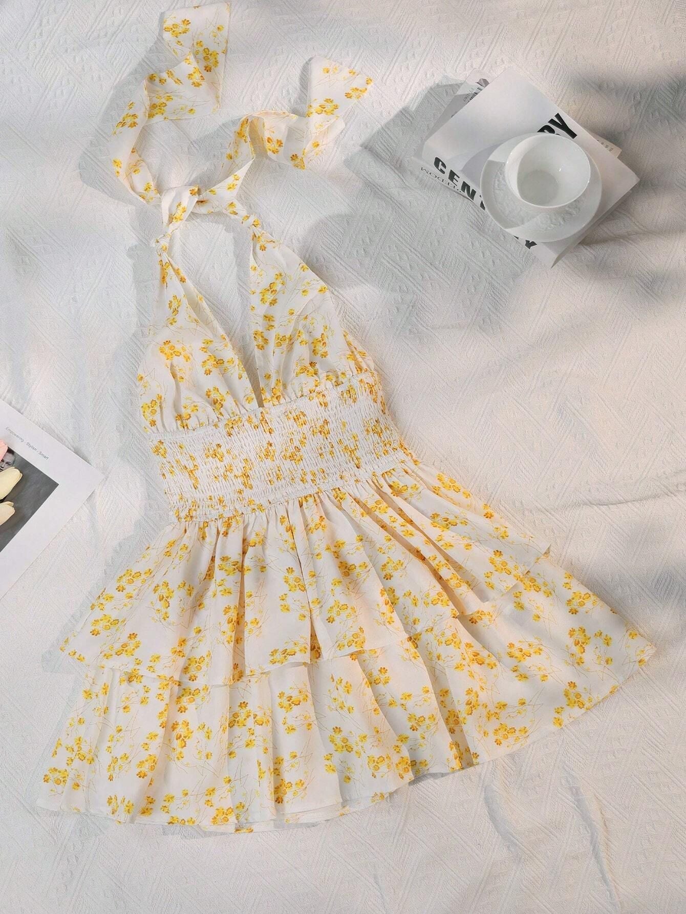S Yellow Chic Floral Halter Mini Dress - Ruffled Hem, Open Back - Perfect for Vacation