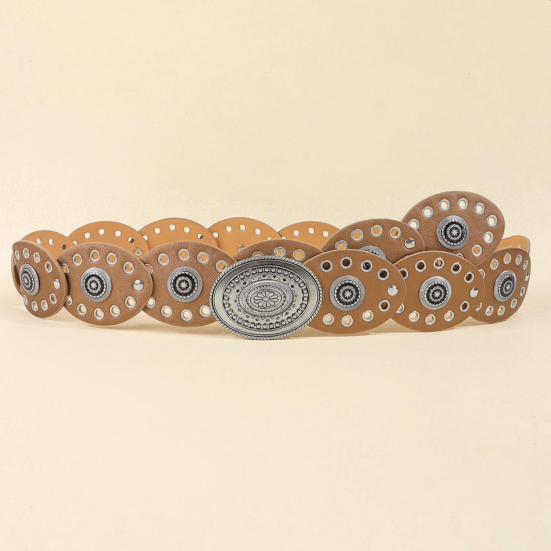 Antique Silver Champagne Vintage Western Post-Apocalyptic Women's Waist Belt with Eyelet Oval Carvings