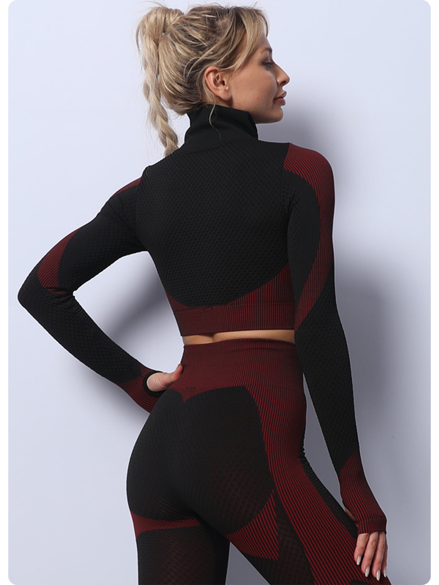 Black+Red High Waist Yoga Set for Women - Sports Bra, Long Sleeve Shirt & Leggings 3-Piece Workout Set Size S