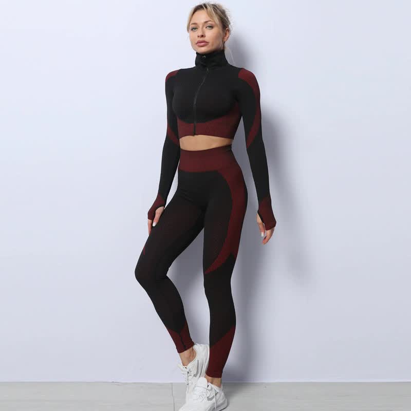 Black+Red High Waist Yoga Set for Women - Sports Bra, Long Sleeve Shirt & Leggings 3-Piece Workout Set Size L