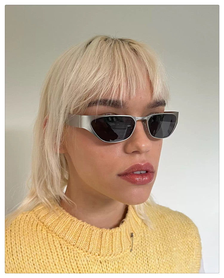 Silver Frame Black Gray Film Retro Cat Eye Sunglasses - Metal Frame, UV400 Protection