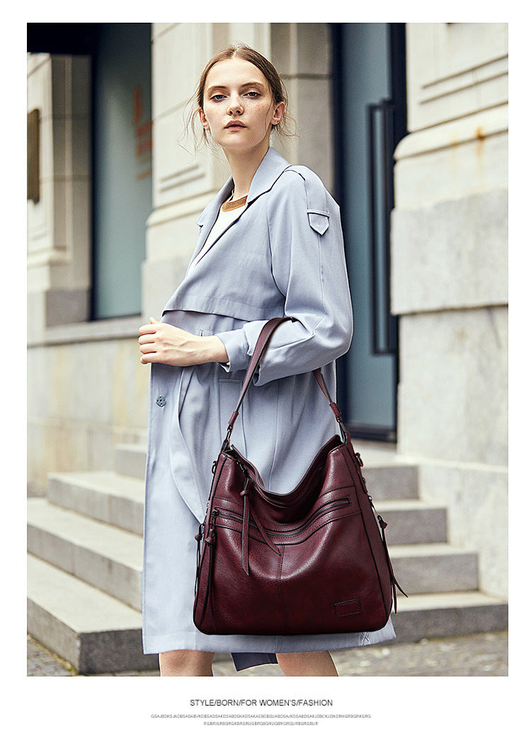 Dark Red Spacious & Stylish  PU Leather Tote Bag -  Versatile Shoulder/Crossbody