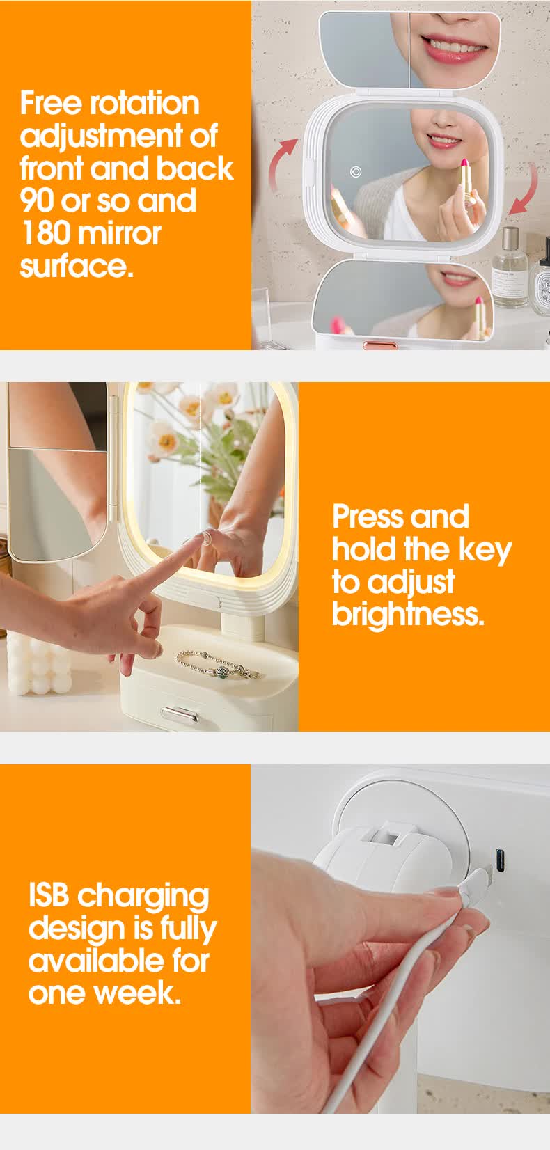 Pink LED Lighted Tri-Fold Makeup Mirror with Storage Drawer & Magnification(USB Charging Port)