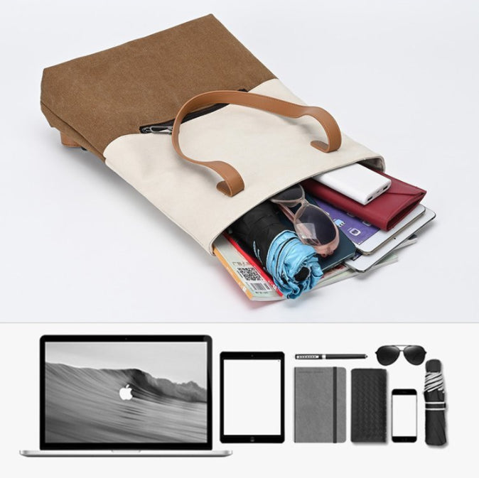 Beige And Brown Canvas Tote Bag for Women - Multi-Use Shoulder Handbag & Backpack, Large Capacity, 30x10x40cm