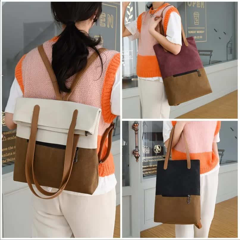 Dark Cyan And Brown Canvas Tote Bag for Women - Multi-Use Shoulder Handbag & Backpack, Large Capacity, 30x10x40cm