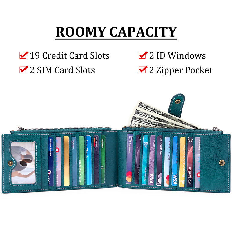 Light Blue Large Capacity Women's Leather Wallet - RFID Blocking Card Holder
