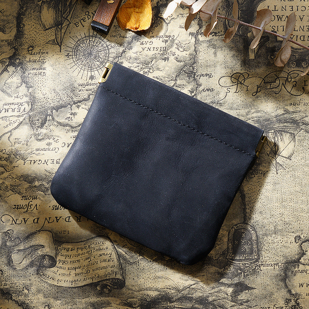 Black Genuine Leather Coin Purse - Vintage Style Snap Closure Mini Pouch