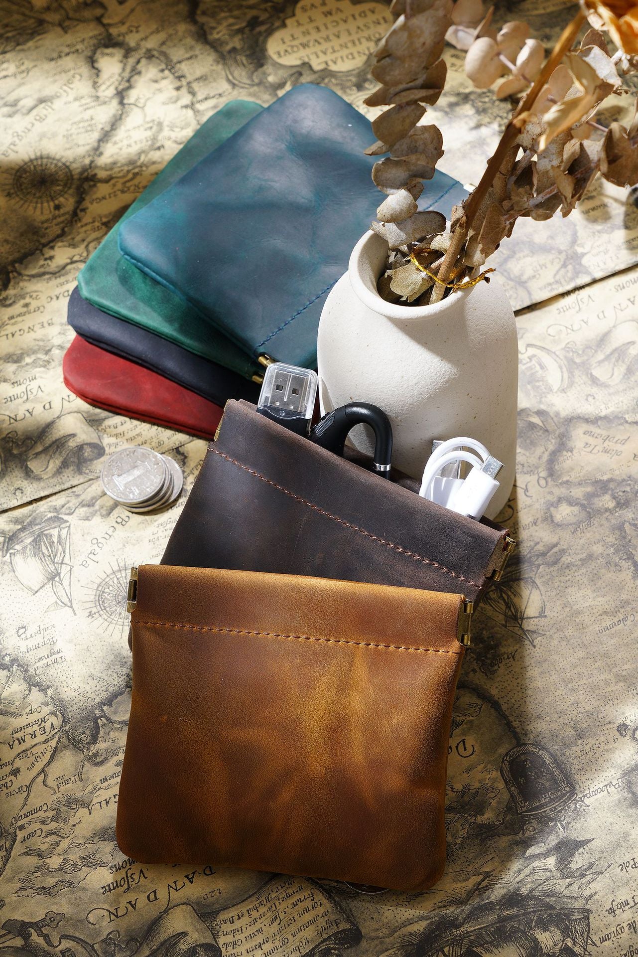 Brown Genuine Leather Coin Purse - Vintage Style Snap Closure Mini Pouch