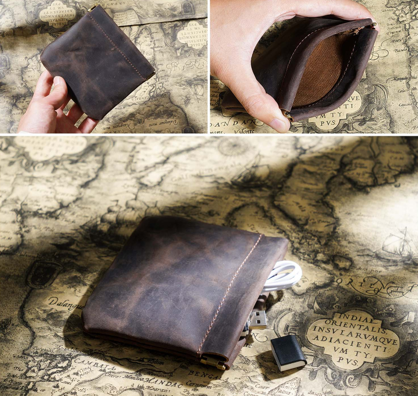 Coffee Genuine Leather Coin Purse - Vintage Style Snap Closure Mini Pouch
