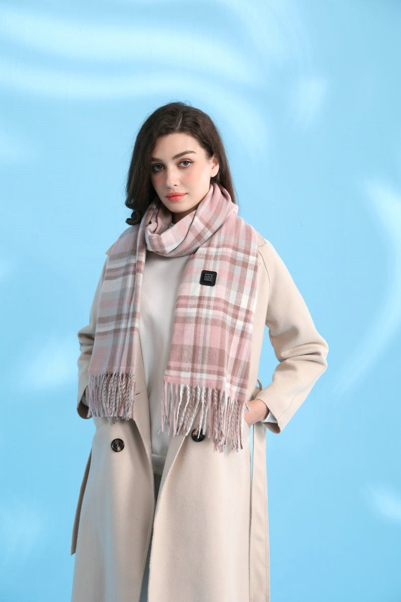 Light Pink Plaid Heated Scarf - Electric Warming Scarf, Winter Outdoor Essential (Without power bank)