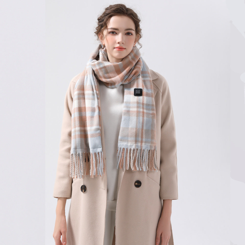 Light Blue Plaid Heated Scarf - Electric Warming Scarf, Winter Outdoor Essential (Without power bank)