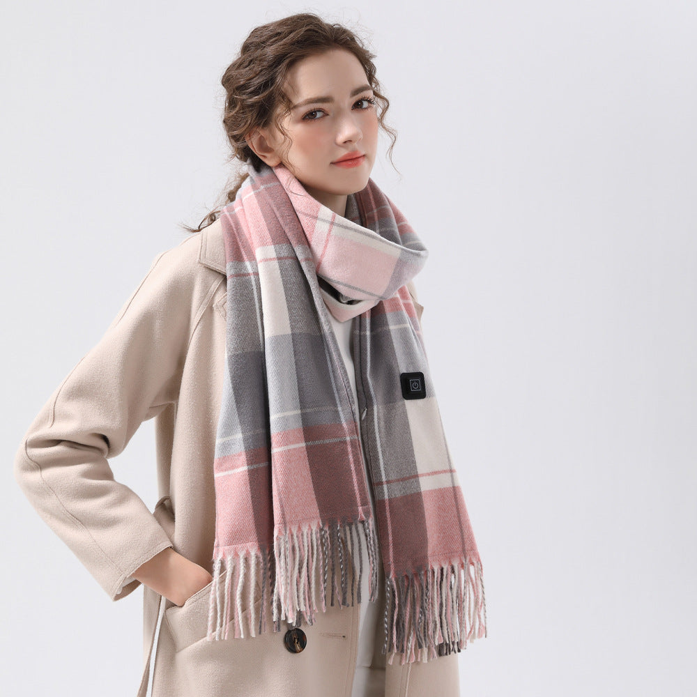 Gray And Pink Plaid Heated Scarf - Electric Warming Scarf, Winter Outdoor Essential (Without power bank)