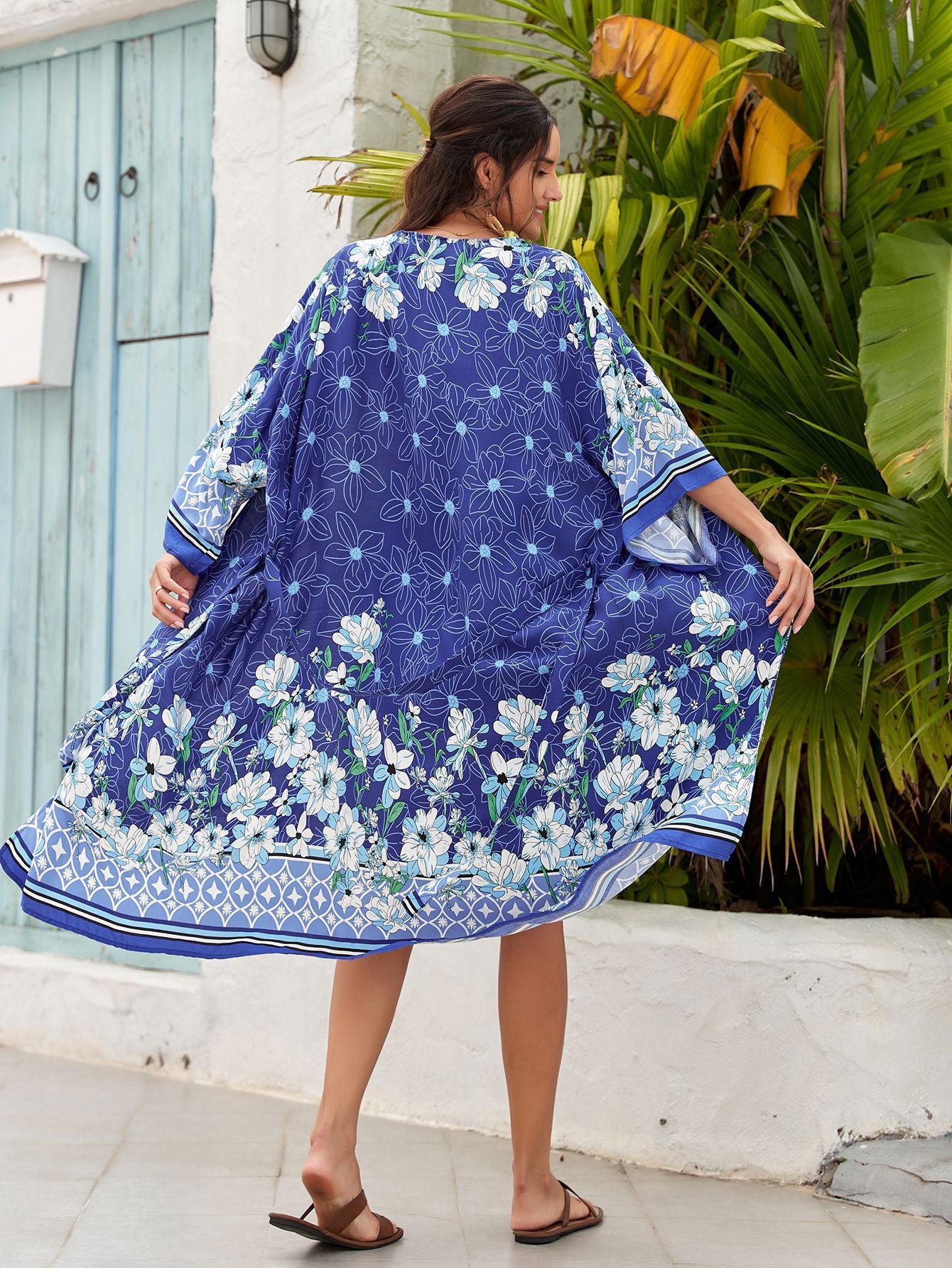 Blue Women's Lightweight Beach Cardigan-Floral Print Kimono