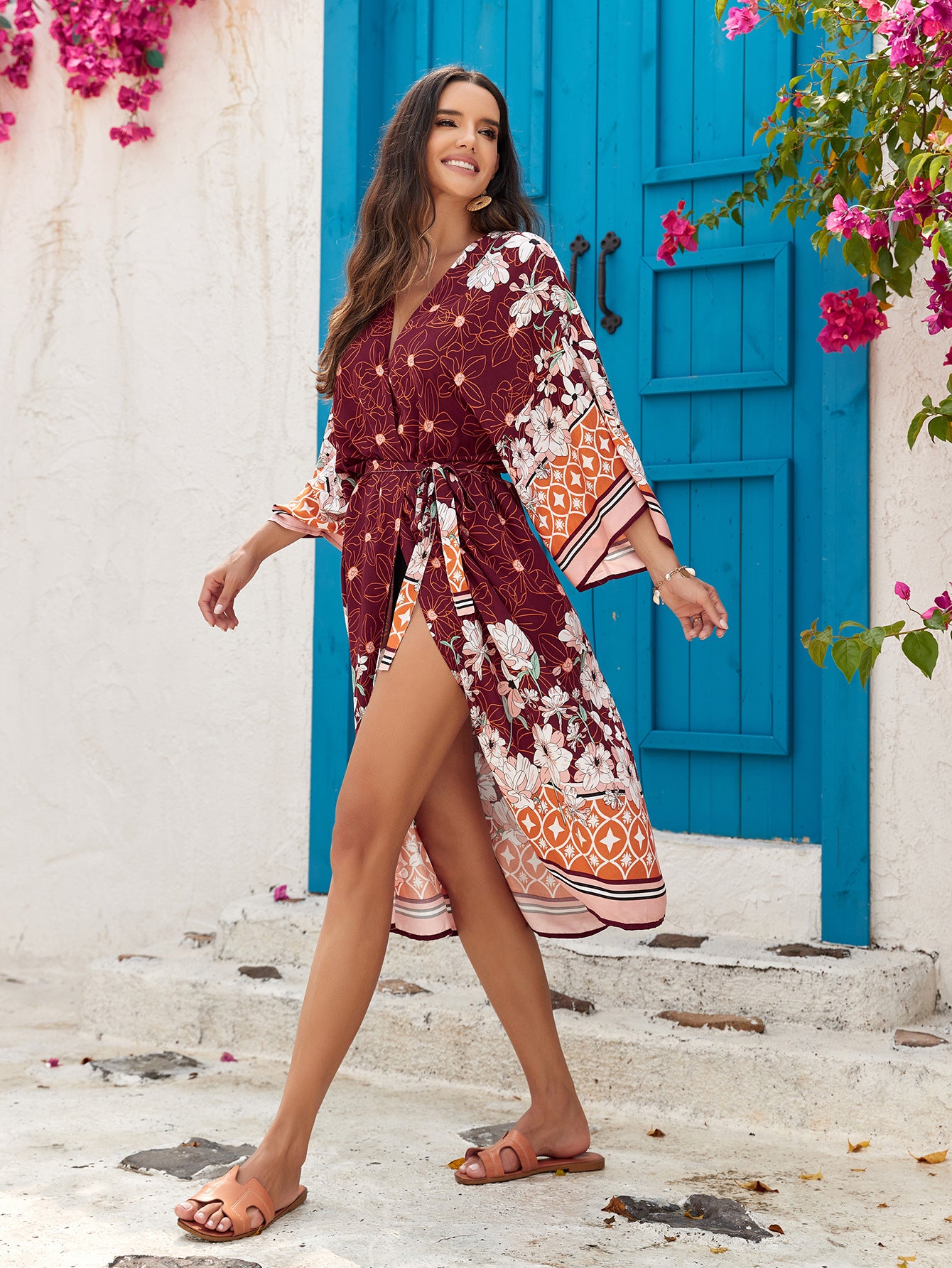 Orange Women's Lightweight Beach Cardigan-Floral Print Kimono