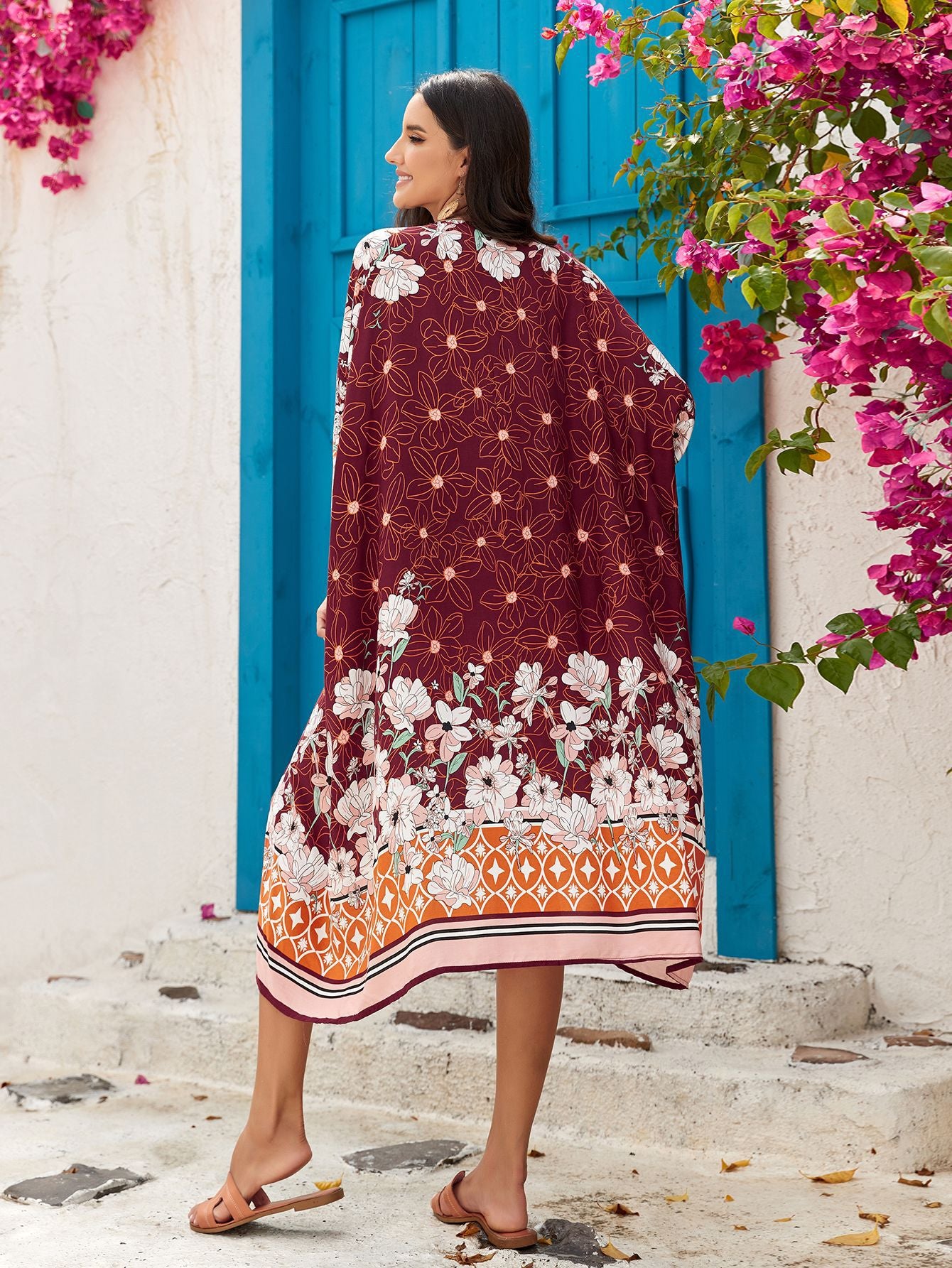 Orange Women's Lightweight Beach Cardigan-Floral Print Kimono