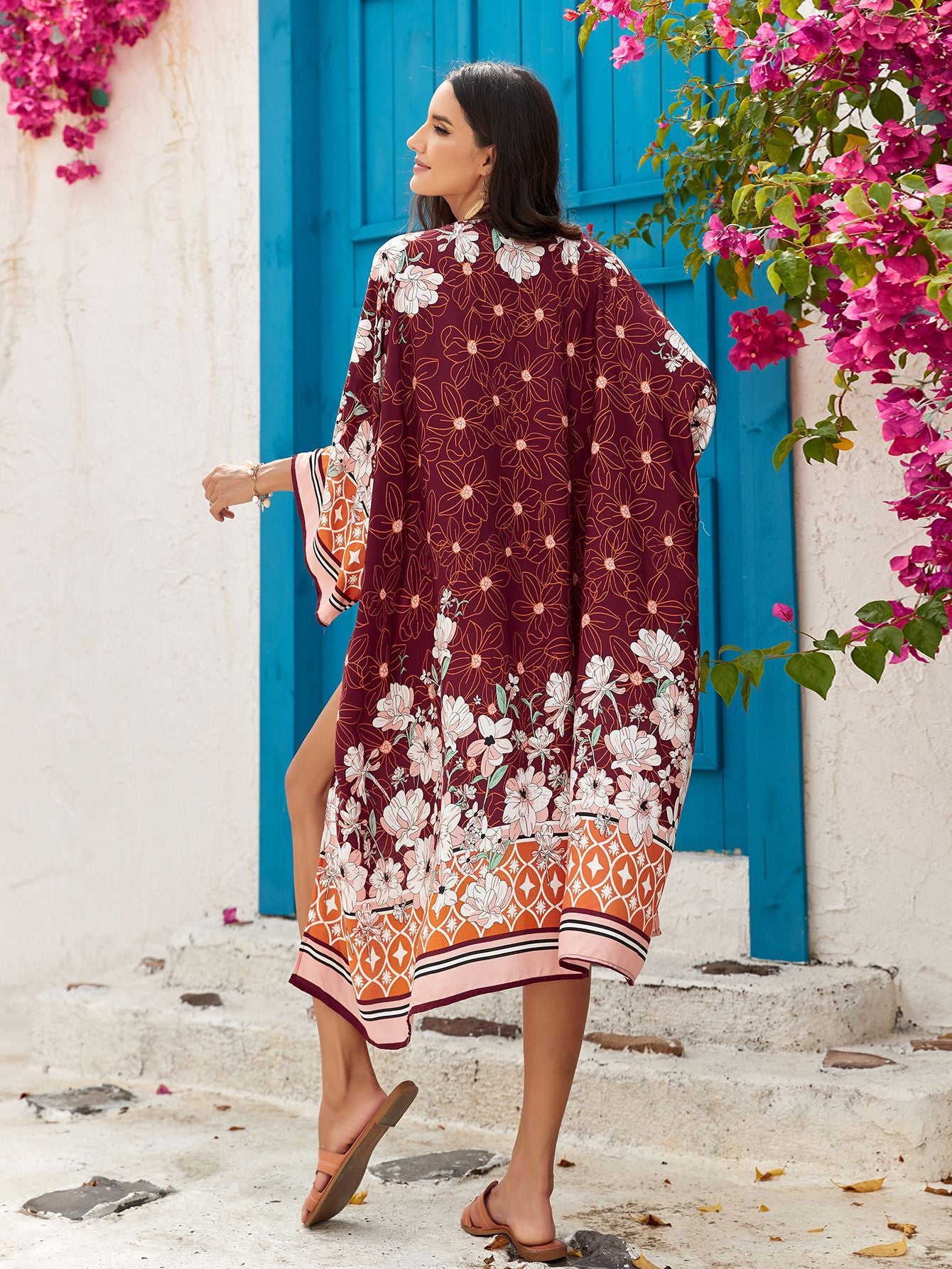 Orange Women's Lightweight Beach Cardigan-Floral Print Kimono