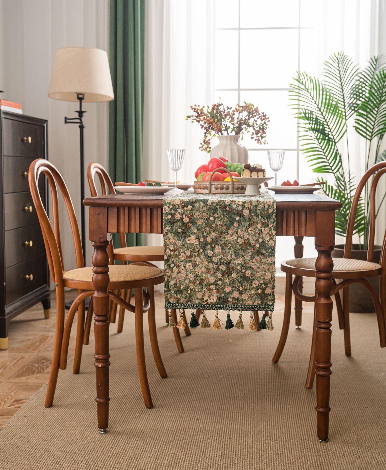 Floral Table Runner with Tassels - Jacquard Green Farmhouse Style (33x240cm)