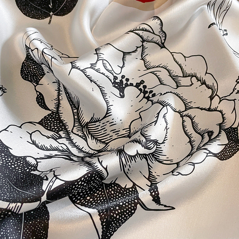 Red Edge Pure Silk Scarf - Elegant Flower Design, Square Handkerchief (Style 13)
