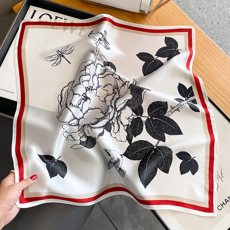 Red Edge Pure Silk Scarf - Elegant Flower Design, Square Handkerchief (Style 13)