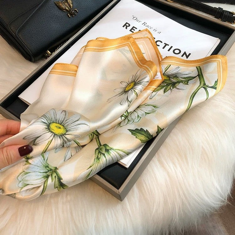 Orange Pure Silk Scarf - Elegant Flower Design, Square Handkerchief (Style 15)