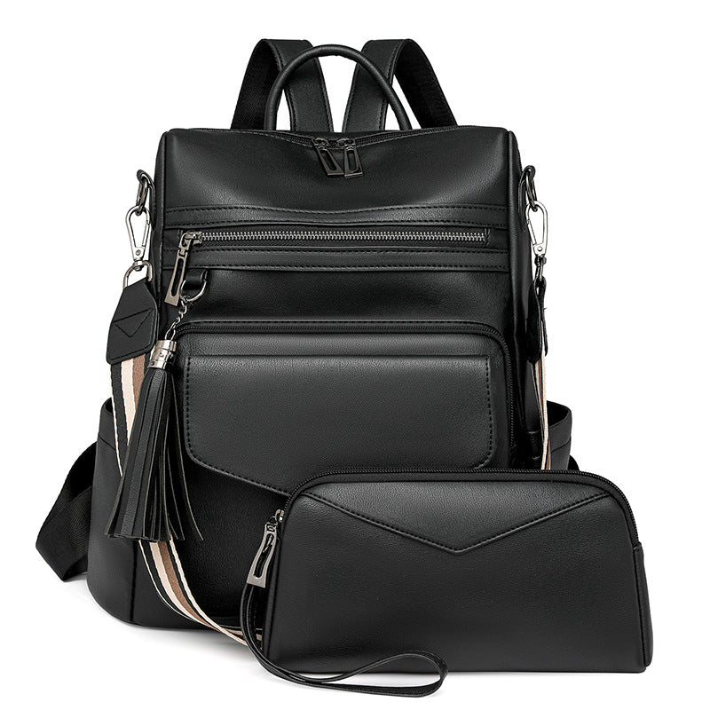 Black Fashionable Women's Backpack Set - With Coin Purse and Tassels