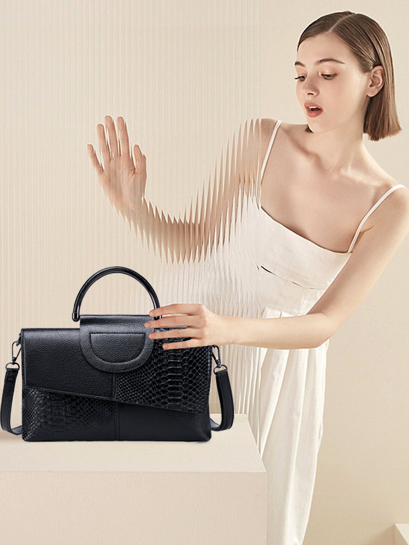 Black Elegant crocodile embossed clutch - with metal top handle and shoulder strap