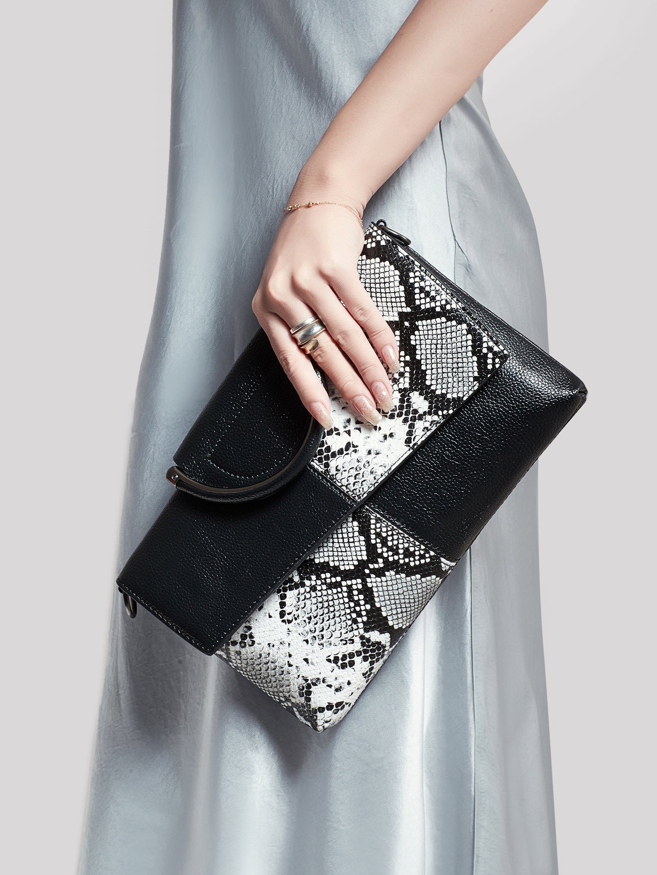 Black and White Elegant crocodile embossed clutch - with metal top handle and shoulder strap