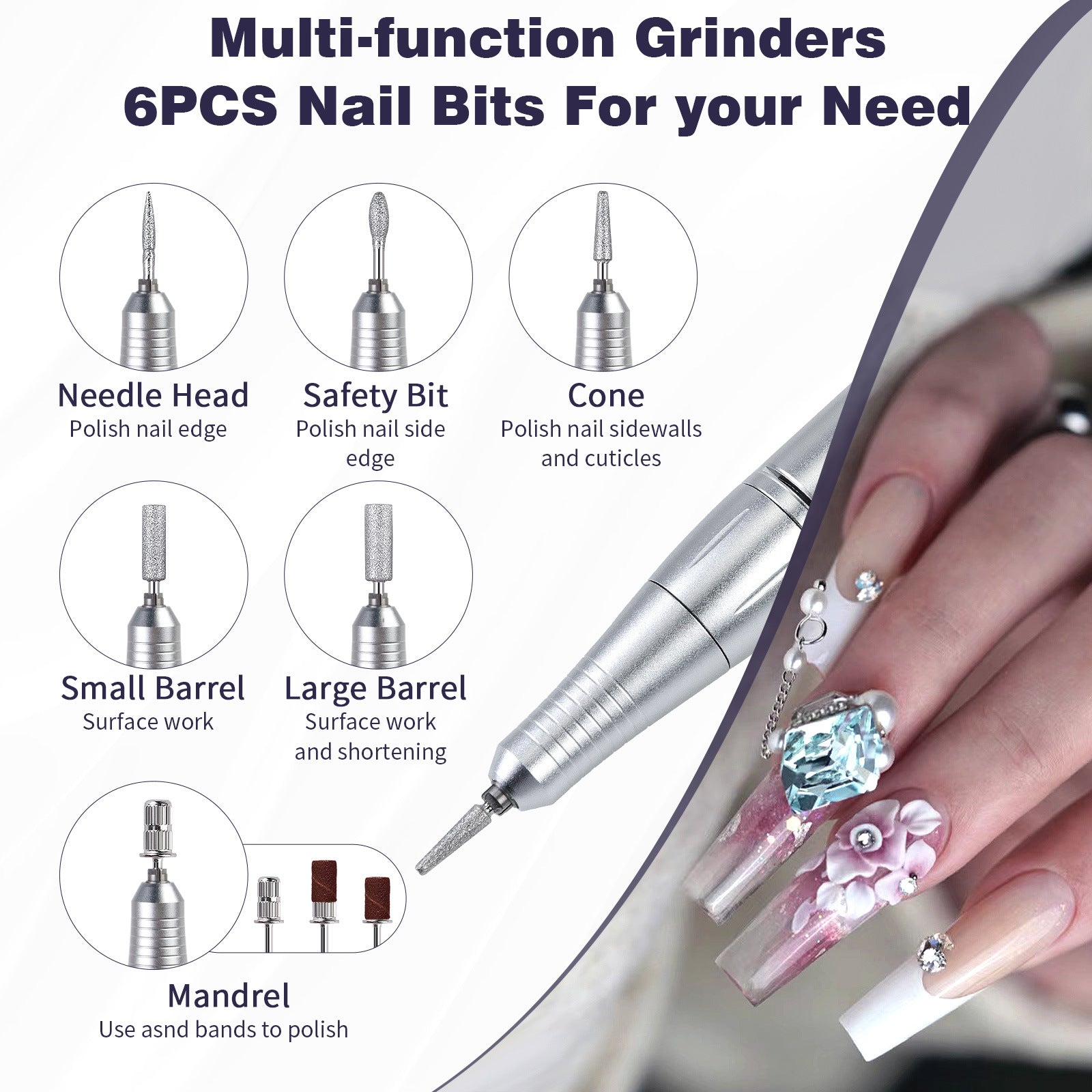 White Professional Electric Nail Drill, 45000RPM Rechargeable Nail Grinder Polisher for Salon & Home Use