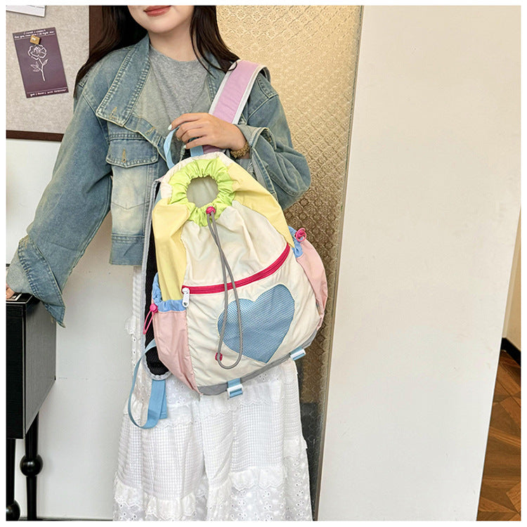Yellow Colorblock Drawstring Backpack - Lightweight Nylon Bag with Heart Mesh Pocket