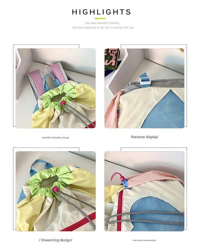 Yellow Colorblock Drawstring Backpack - Lightweight Nylon Bag with Heart Mesh Pocket